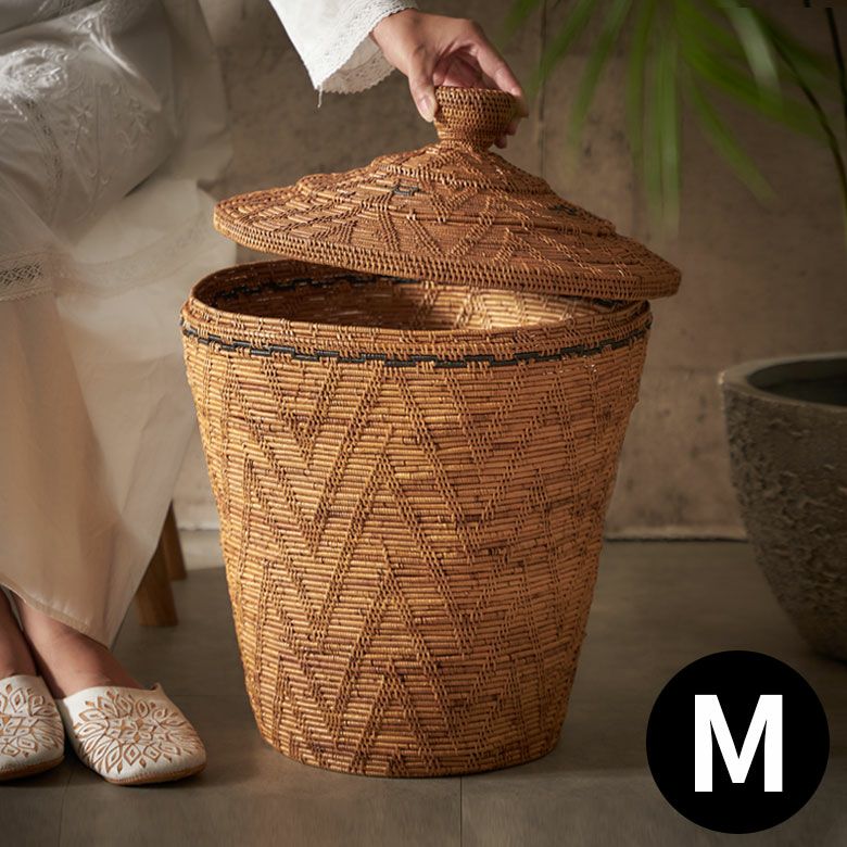 バスケット ふた付き ポットタイプ Mサイズ 壺型 アタ 約 W 38cm D