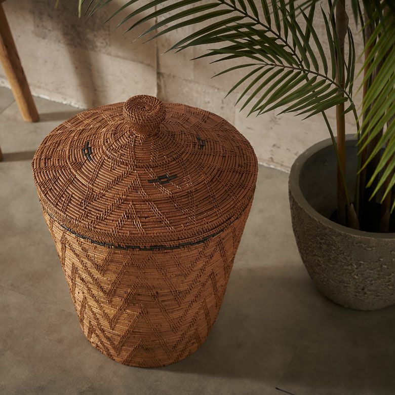 バスケットふた付きポットタイプMサイズ壺型アタ約W38cmD38cmH52cmランドリーバスケットかごバスケット収納収納バスケット洗濯物入れゴミ箱ごみ箱ダストボックスおしゃれ北欧リゾート雑貨バリインテリアSDGsアジアン[14048]