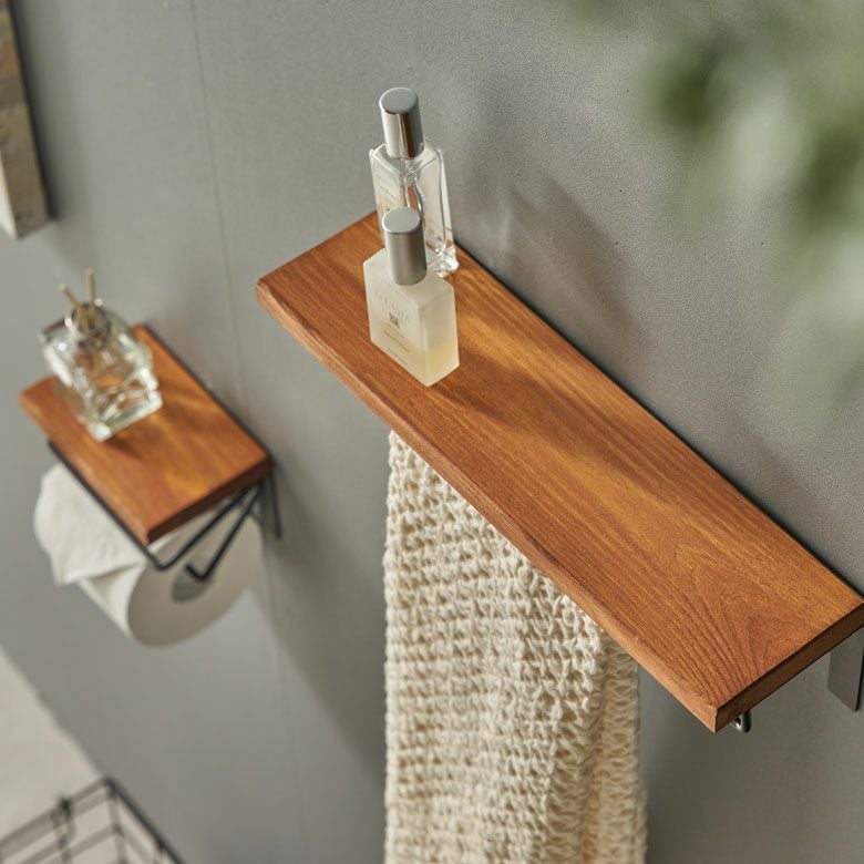 タオルハンガー タオルラック ワイド 棚付き 天然木 木製 アイアン 約