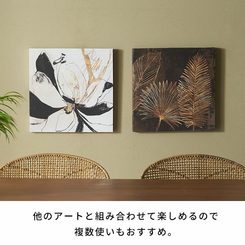 ブラックとゴールドで描く抽象フラワーのアートパネル 約40×40cm