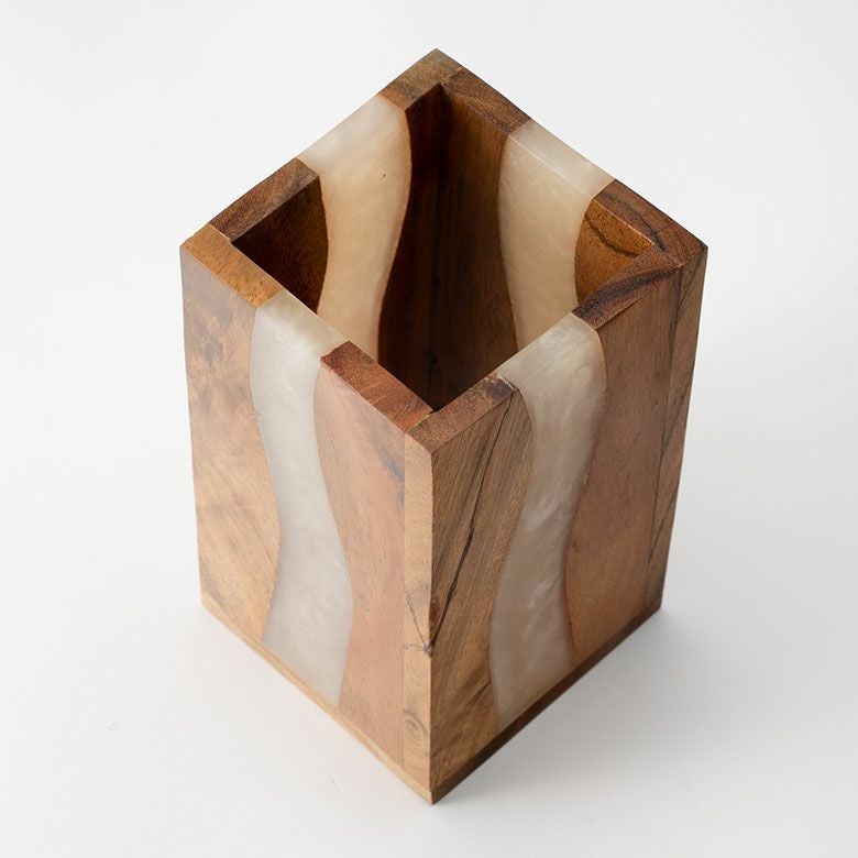 ペン立てスタンドケースウッド木製レジン約W7.5cmD7.5cmH12cmカトラリースタンドツールスタンドカトラリーケースリモコンスタンドリモコンラックペン収納リモコン収納収納デスク収納おしゃれ北欧リゾート雑貨インテリアアジアン[34612]