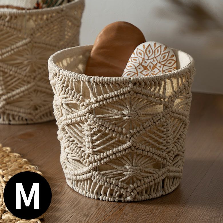 バスケット 収納バスケット 丸型 ラウンド Mサイズ マクラメ アイアン