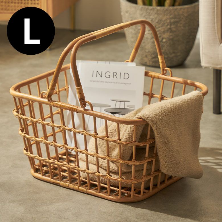 バスケット かご Lサイズ 通気性 ラタン 籐 ハンドル付き 約 W 45cm D