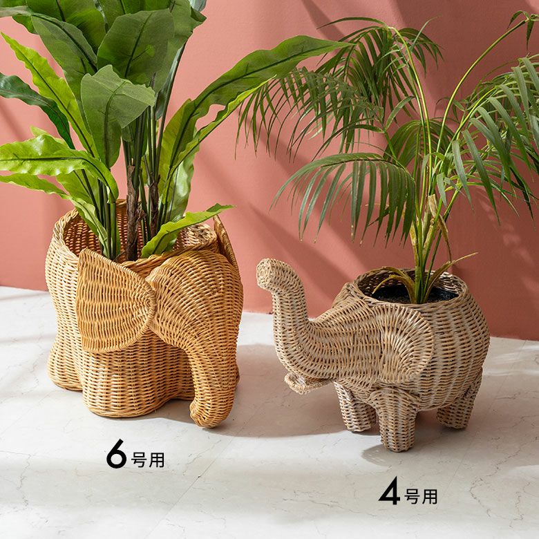 プランターカバー 象 象さん 籐 ラタン 6号鉢 約 W 38cm D 25cm H 26cm