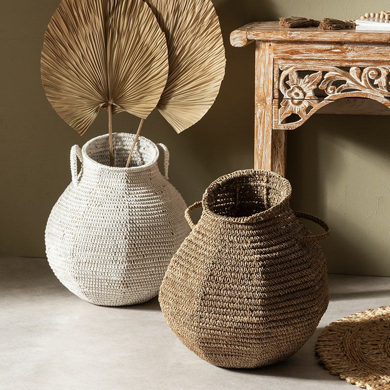 バスケット かご 約 59L シーグラス 深型 壺 つぼ 持ち手つき 約 W