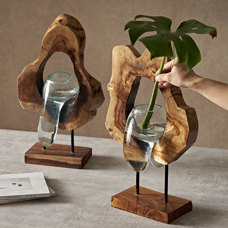 フラワーベース 木製 ウッド ガラス 花瓶 花びん 水入れ可 約 H ...