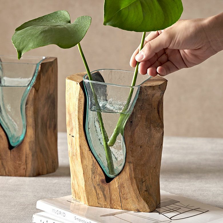 フラワーベース 木製 スワール ウッド ガラス 花瓶 花びん 水入れ可 約