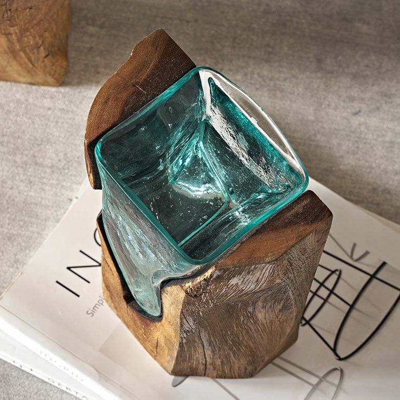 フラワーベース 木製 スワール ウッド ガラス 花瓶 花びん 水入れ可 約