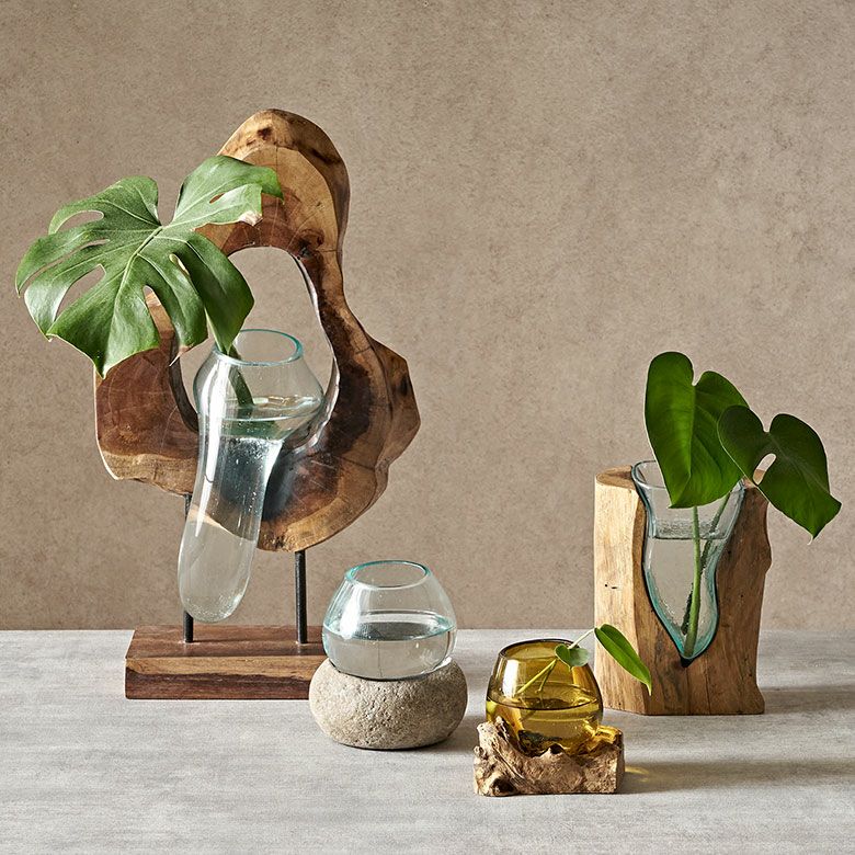 フラワーベース 木製 スワール ウッド ガラス 花瓶 花びん 水入れ可 約