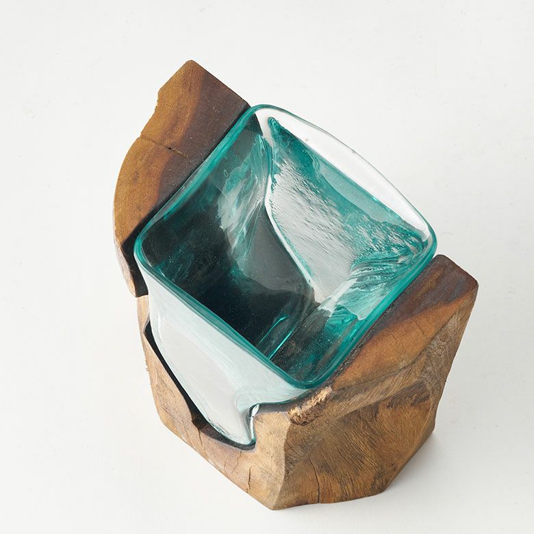 フラワーベース木製スワールウッドガラス花瓶花びん水入れ可約W15cmD7.5cmH20cm花器一輪挿し花入れ生花花入ディスプレイ置き物オブジェテラリウム容器グリーン園芸観賞用おしゃれ北欧リゾート雑貨インテリアアジアン[14057]