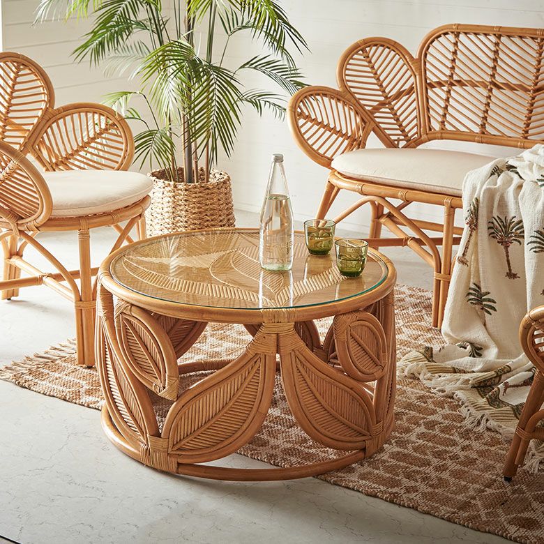 ラタン テーブル ガラス 天板 ローテーブル 丸型 センターテーブル 丸