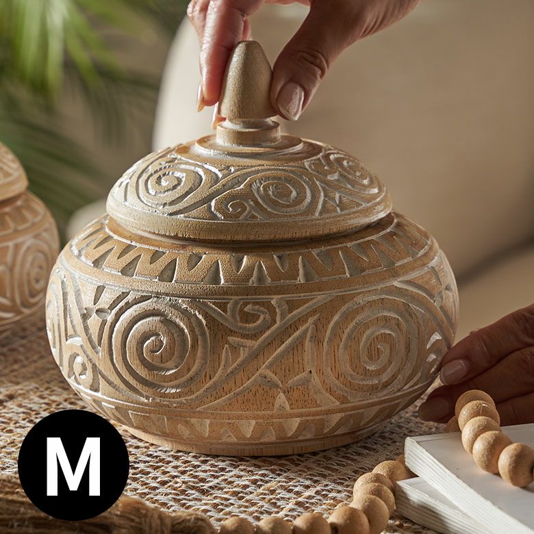 オブジェのような木彫りのアジアン小物入れ Mサイズ [14129]