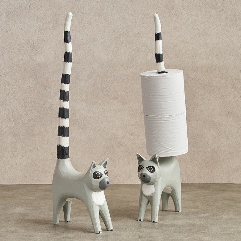 トイレットペーパーホルダー ワオキツネザル 置物 天然木 木彫り