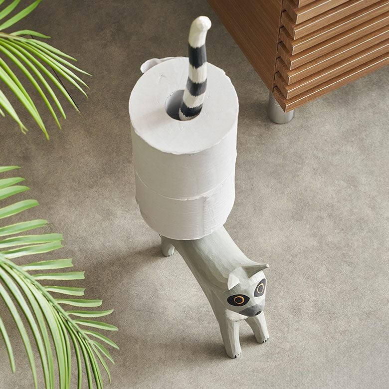 トイレットペーパーホルダー ワオキツネザル 置物 天然木 木彫り