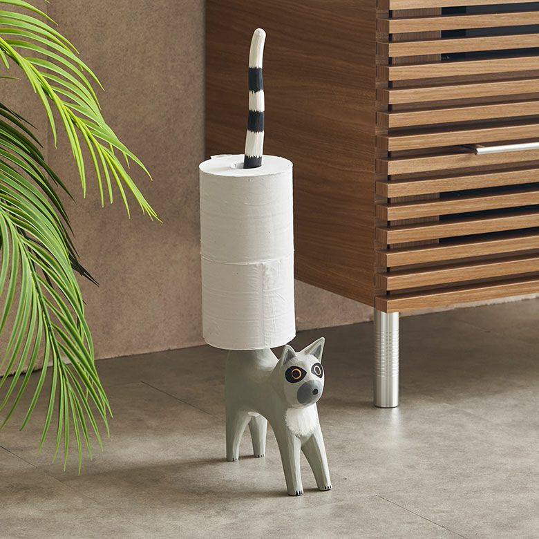 トイレットペーパーホルダー ワオキツネザル 置物 天然木 木彫り