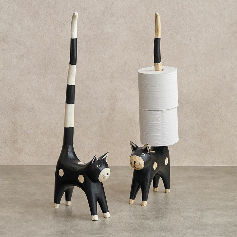 トイレットペーパーホルダー 猫 置物 バリネコ 天然木 木彫り オブジェ