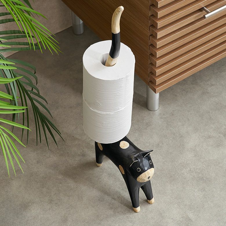 トイレットペーパーホルダー 猫 置物 バリネコ 天然木 木彫り オブジェ