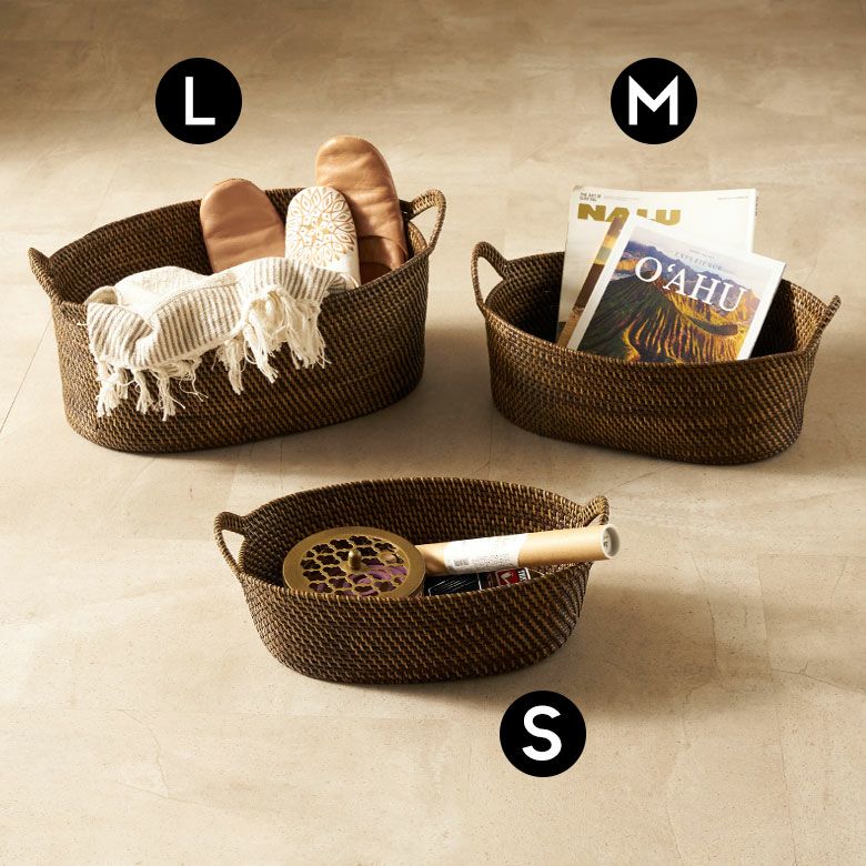ラタン製ハンドル付きバスケットセット ラタンで編まれたハンドル付きの浅型オーバル収納バスケット（SML