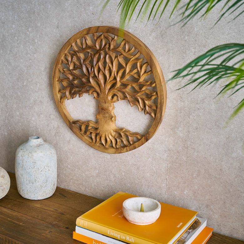 バリ島の職人がハンドメイドで彫った命の木のウッドレリーフ（14218