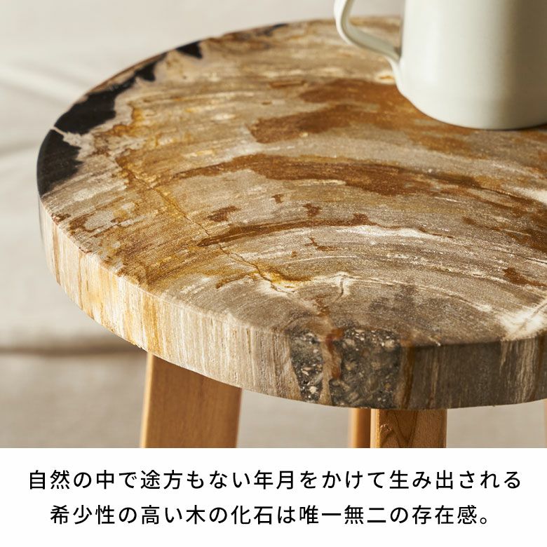木の化石でできたフォッシルストーン製の天板にチークウッドの脚を