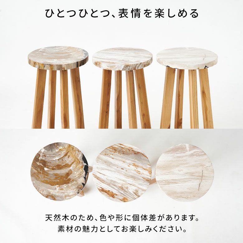 木の化石でできたフォッシルストーン製の天板にチークウッドの脚を